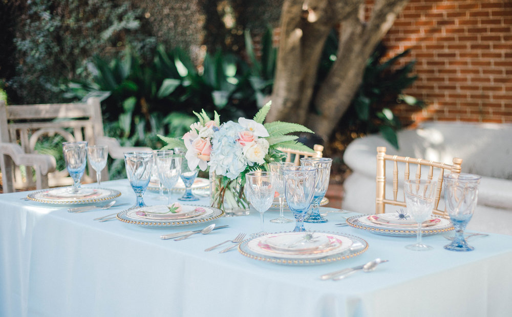A blue and pink wedding tables cape at the Duke Mansion in North Carolina.