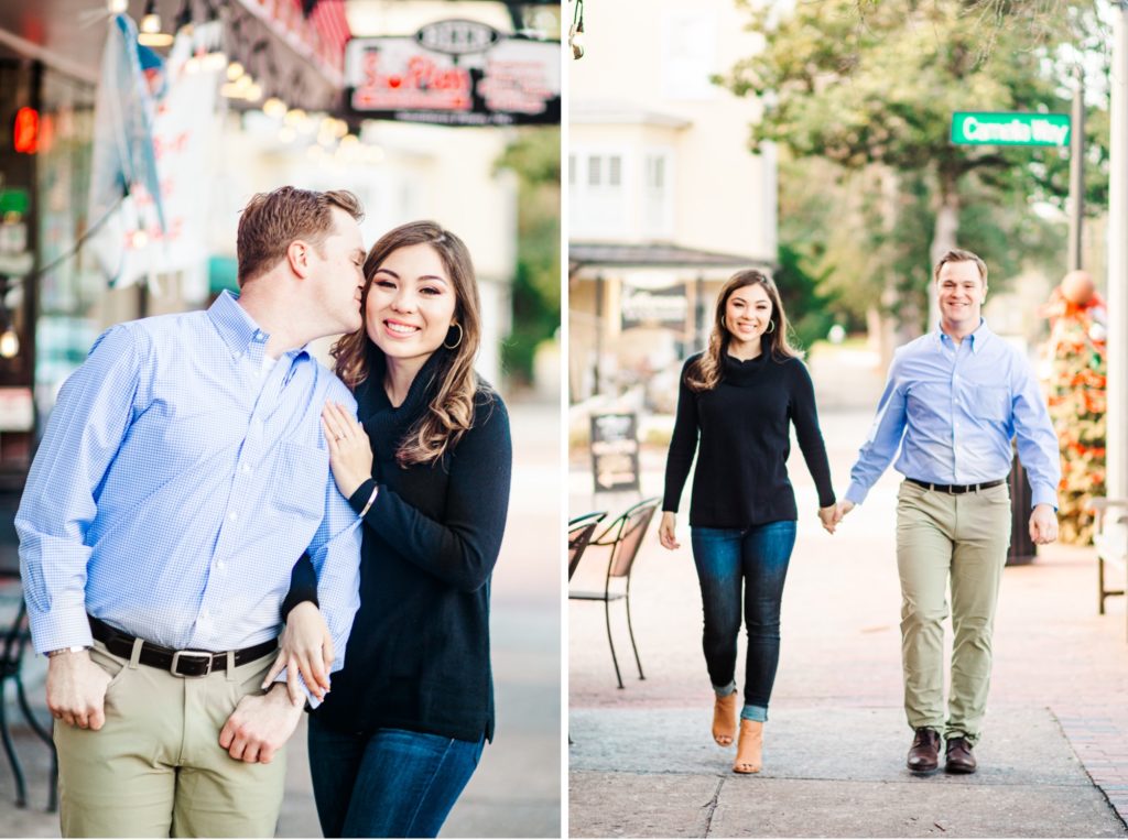 A couple walking around in downtown Southern Pines while having pictures taken by a Raleigh wedding photographer