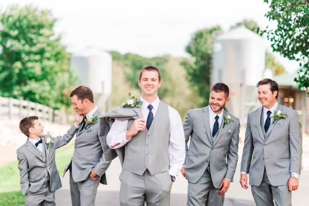 Gray and navy groomsmen inspiration at the Barn at Woodlake Meadows in Bear Creek, NC| Tierney Riggs Photography