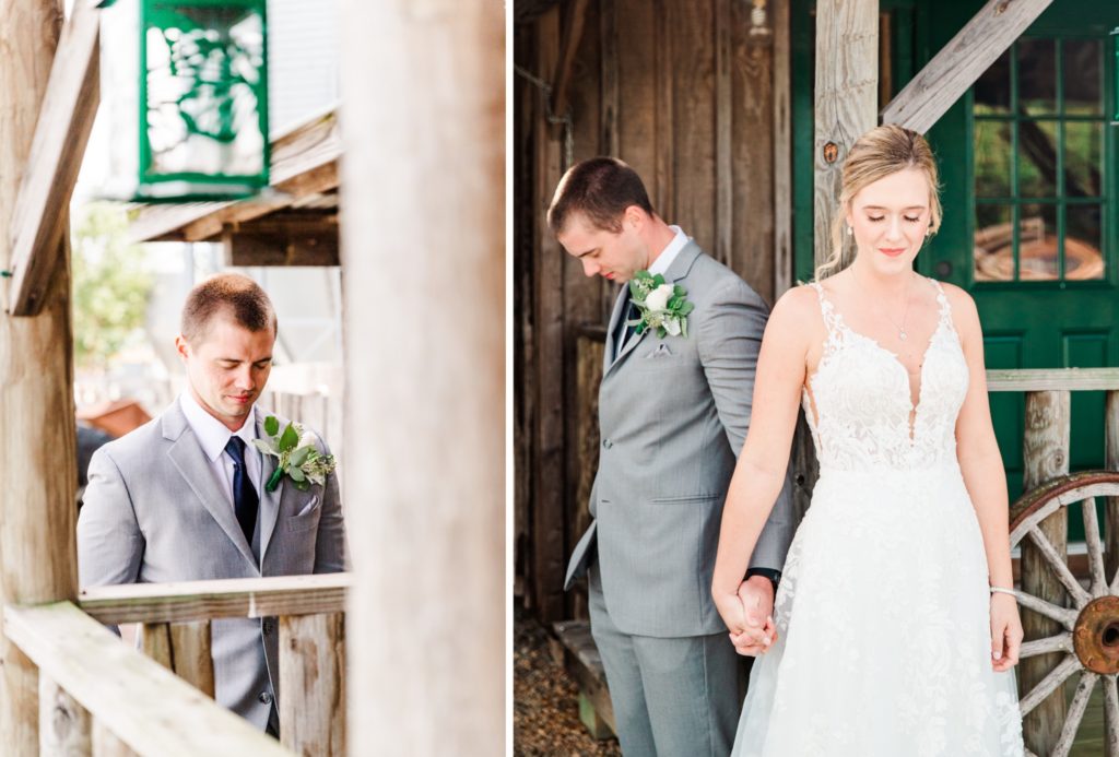 Bride and groom sharing in a first touch and private prayer before their Barn at Woodlake Meadows wedding in Bear Creek, NC| Tierney Riggs Photography