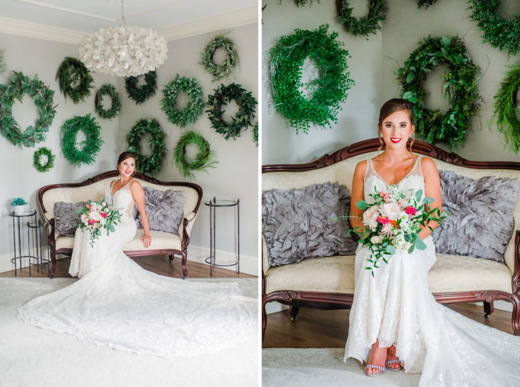 A bride in the bridal suite at the Highgrove Estate outside of Raleigh, NC
