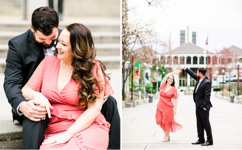 Chic engagement photos in front of the NC Museum of History in Raleigh NC