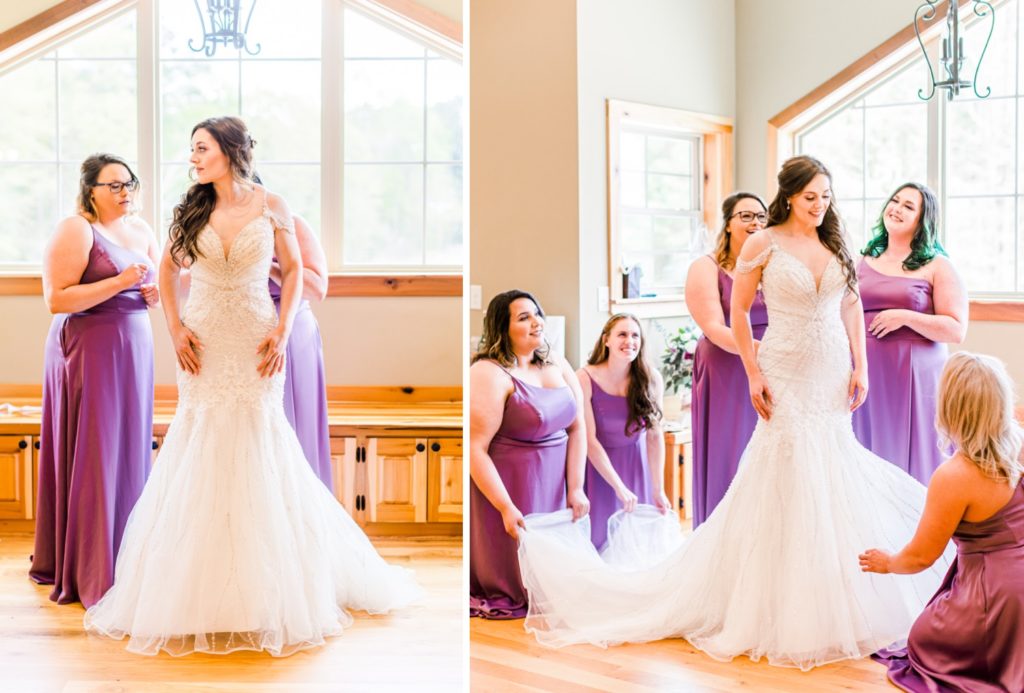 The bridesmaids in the bridal suite at the Barn at Broadslab Distillery