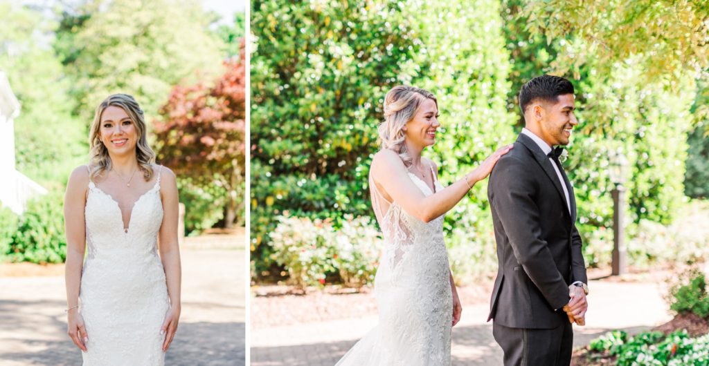 Bride and groom sharing a first look at their Raleigh wedding