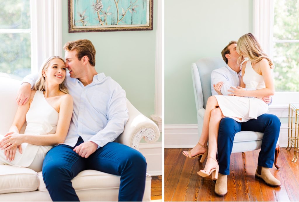 A couple sitting in the bridal suite at the Merrimon-Wynne House in Raleigh