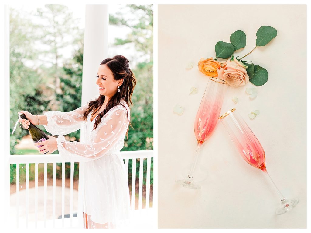A bride popping a bottle of champagne at the Sutherland photographed by Raleigh wedding photographer Tierney Riggs