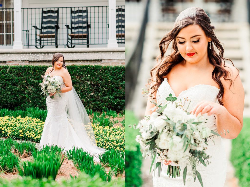 A bride looking down at her bouquet captured by Charleston wedding photographer Tierney Riggs