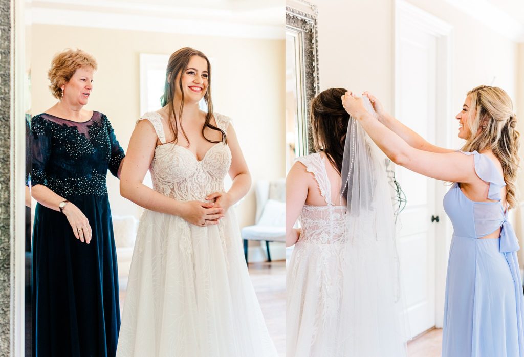 Bride getting dressed in the bridal suite at Oaks at Salem in Apex captured by Tierney Riggs Photography