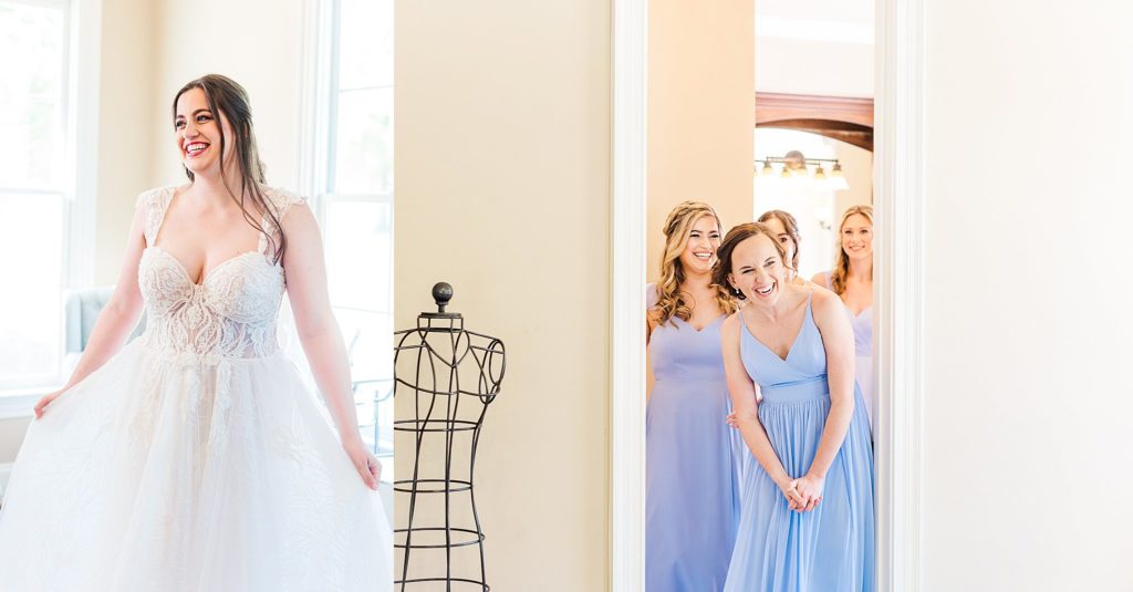 First look with bridesmaids at the Oaks at Salem in Apex captured by Tierney Riggs Photography