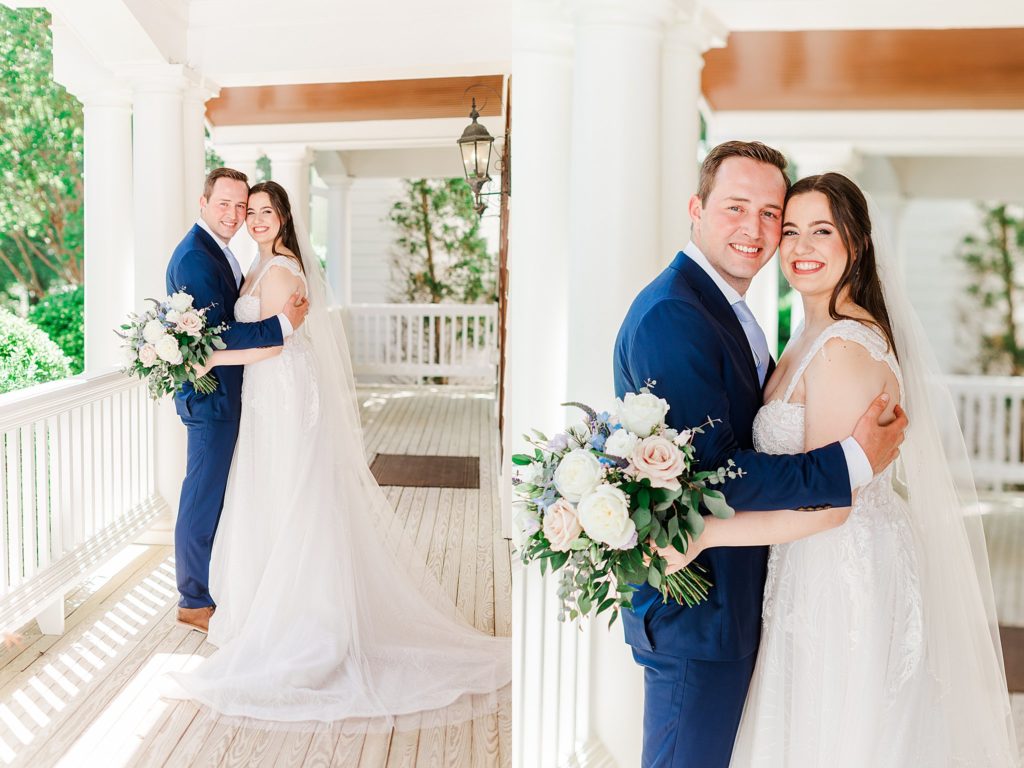 Bride and groom portraits on the porch at the Oaks at Salem in Apex captured by Tierney Riggs Photography