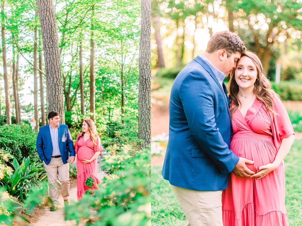 A couple walking in a garden by Raleigh maternity photographer Tierney Riggs
