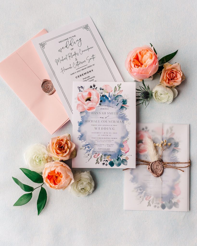Wedding invitation suite for a wedding in Sanford, NC. Captured by Tierney Riggs Photography
