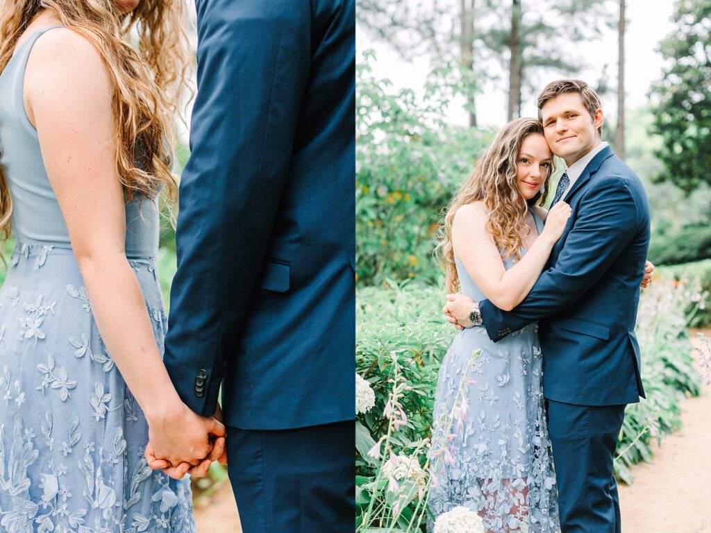 A couple hugging in a garden for their engagement photos.