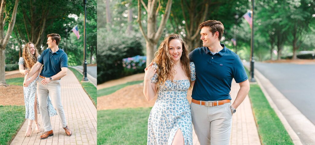 A couple laughing for their engagement photos in Raleigh, NC
