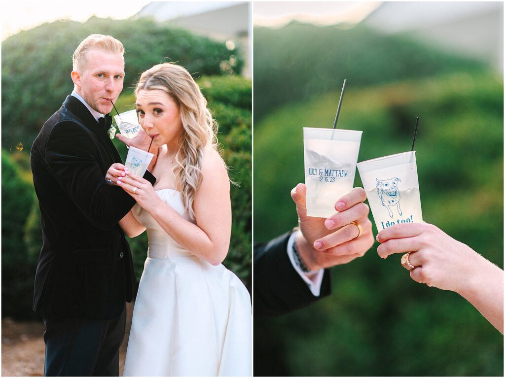 A couple sipping drinks on their wedding day in Wake Forest, NC