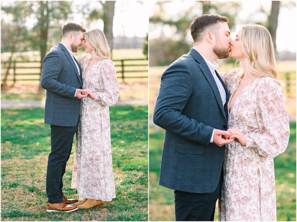 Couple kissing in a grassy field in Holly Springs, North Carolina