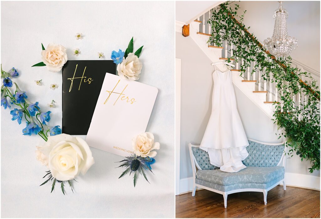 Dusty blue wedding details at Highgrove Estate in Fuquay-Varina, NC by Tierney Riggs Photography