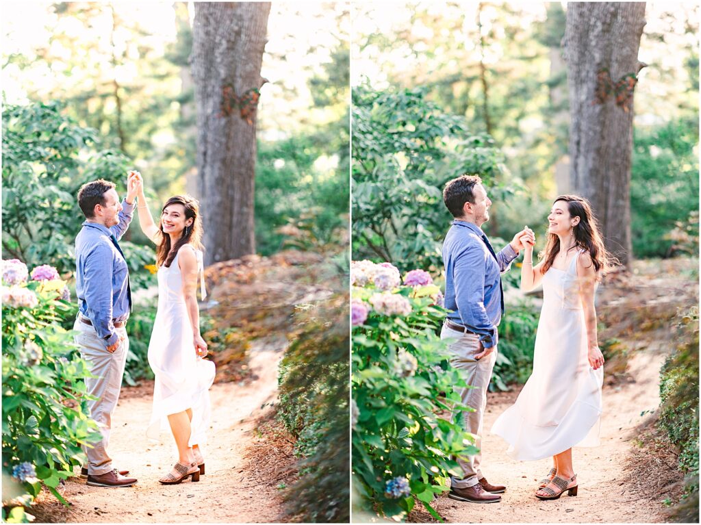 A couple dancing in the middle of their engagement photo session