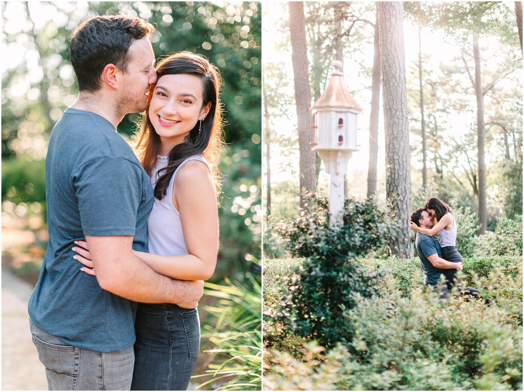 A couple posing for engagement photos at the WRAL Azalea Gardens in Raleigh