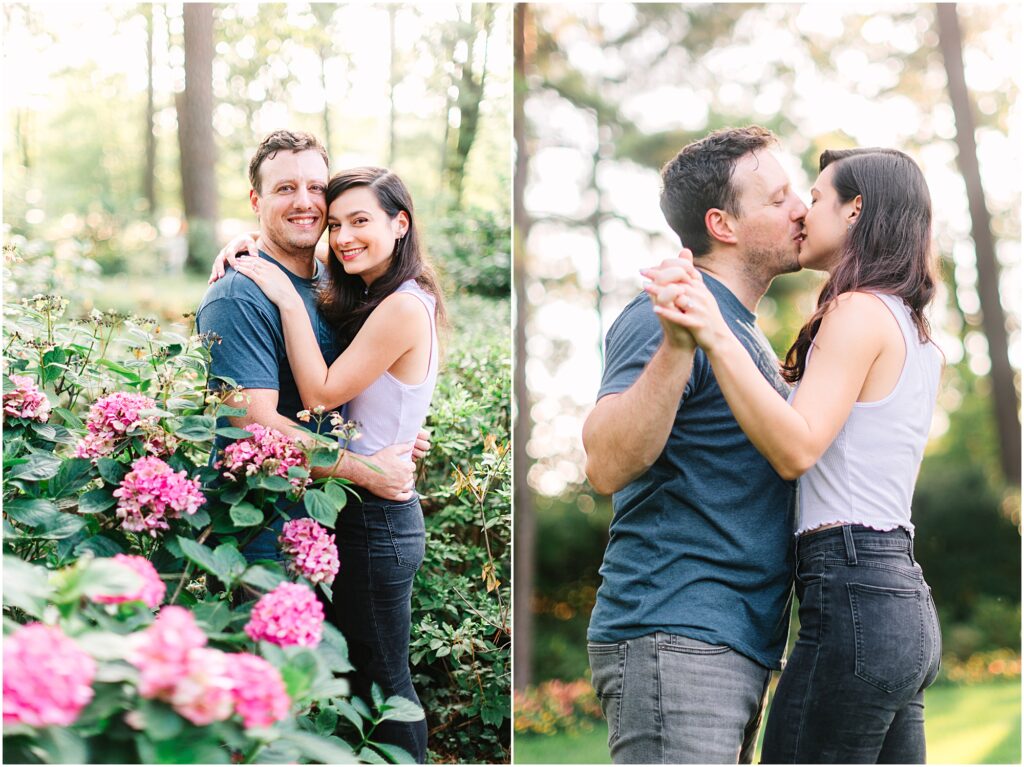 A couple kissing in the gardens in Raleigh