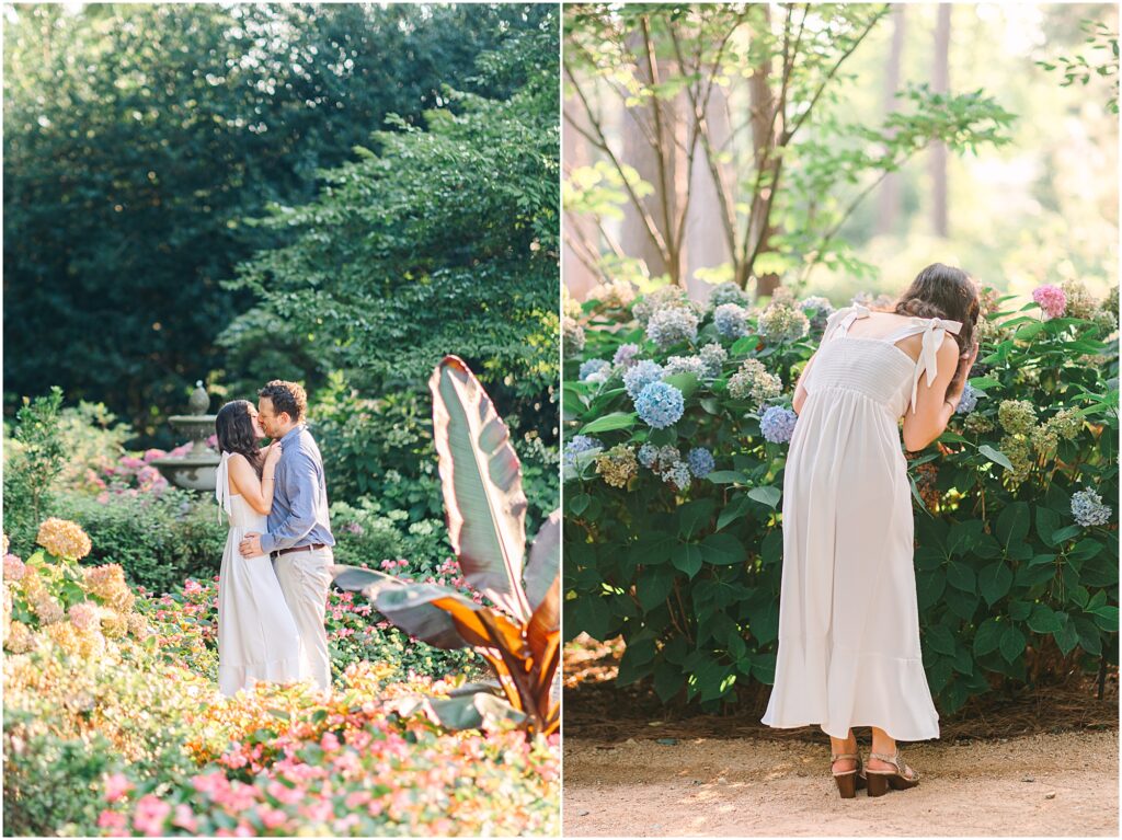 A bride smelling hydrangeas at the Raleigh, NC gardens