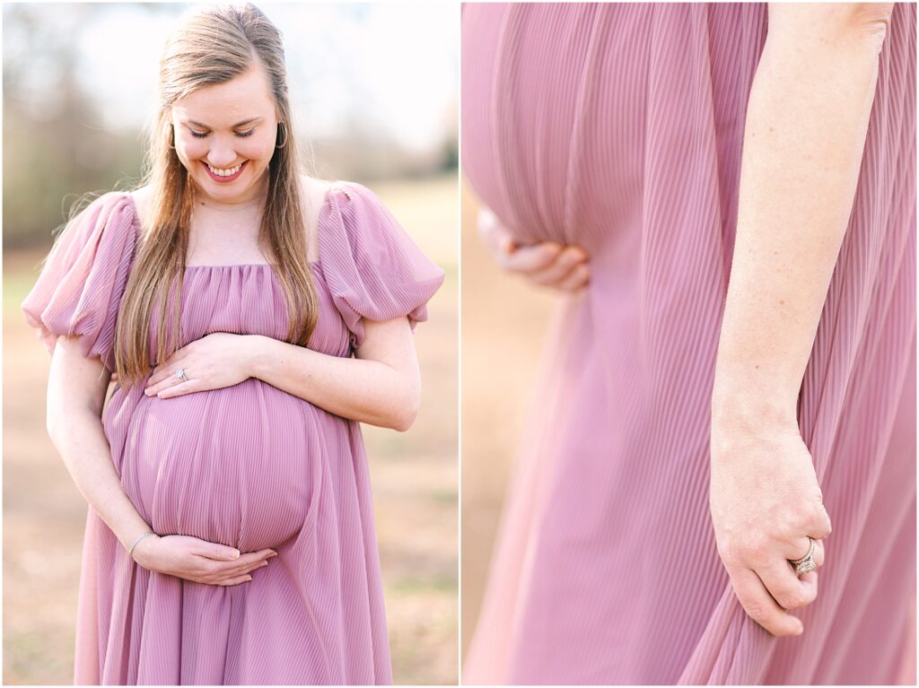 An expecting mother posing in a field for her maternity session in Holly Springs, NC