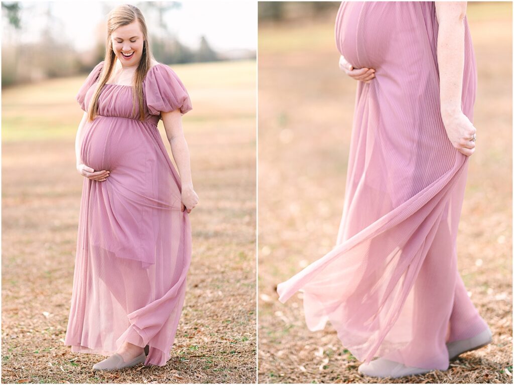 An expecting mother posing in a field for her maternity photos.