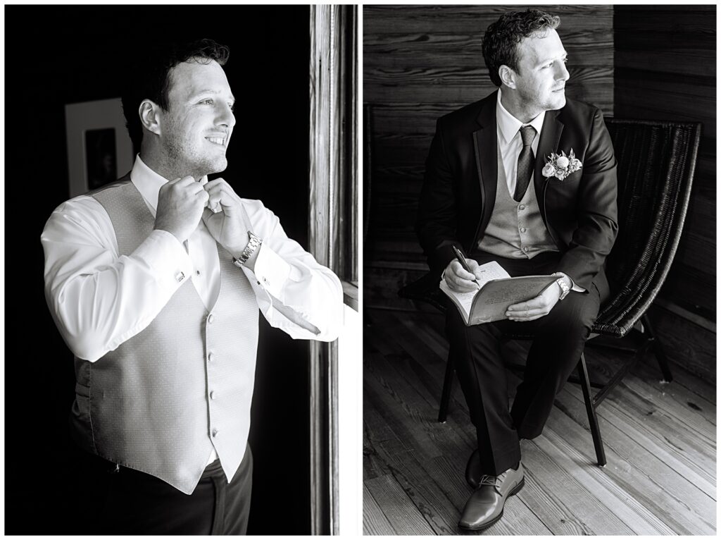 Groom getting ready on his wedding day at the Upchurch in Cary, NC