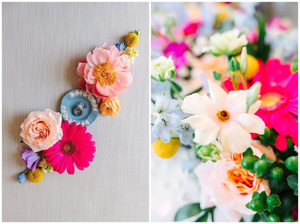 Bright and vibrant flowers at a wedding in Cary, NC