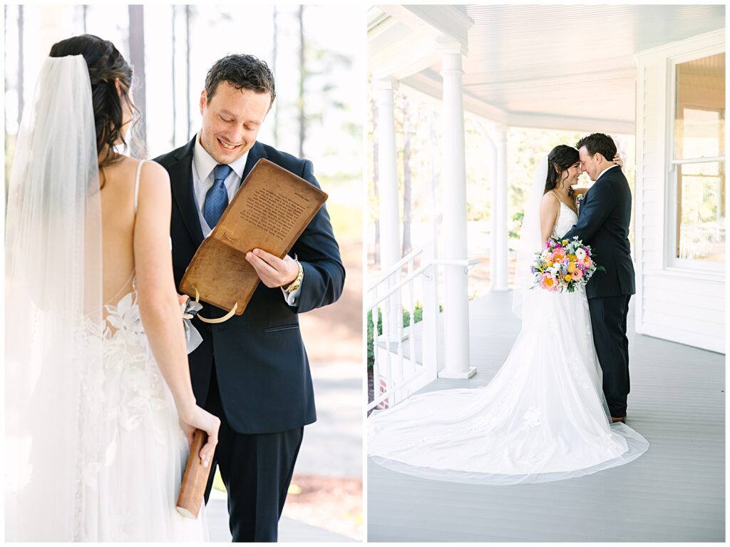 First look between a happy couple on their wedding day at the Upchurch wedding venue in Cary, NC