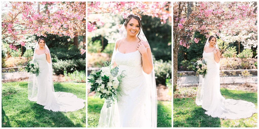 A bride in front of a blooming tree for her bridal portraits at Duke Gardens