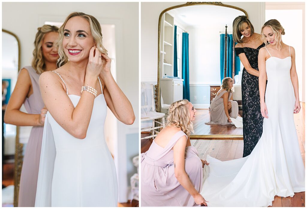 Bride getting dressed for her wedding day at Walnut Hill