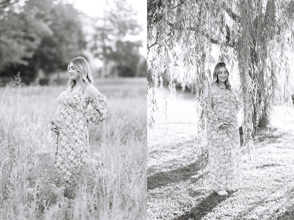 A photo of a mom in a field taken by Raleigh Maternity Photographer, Tierney Riggs