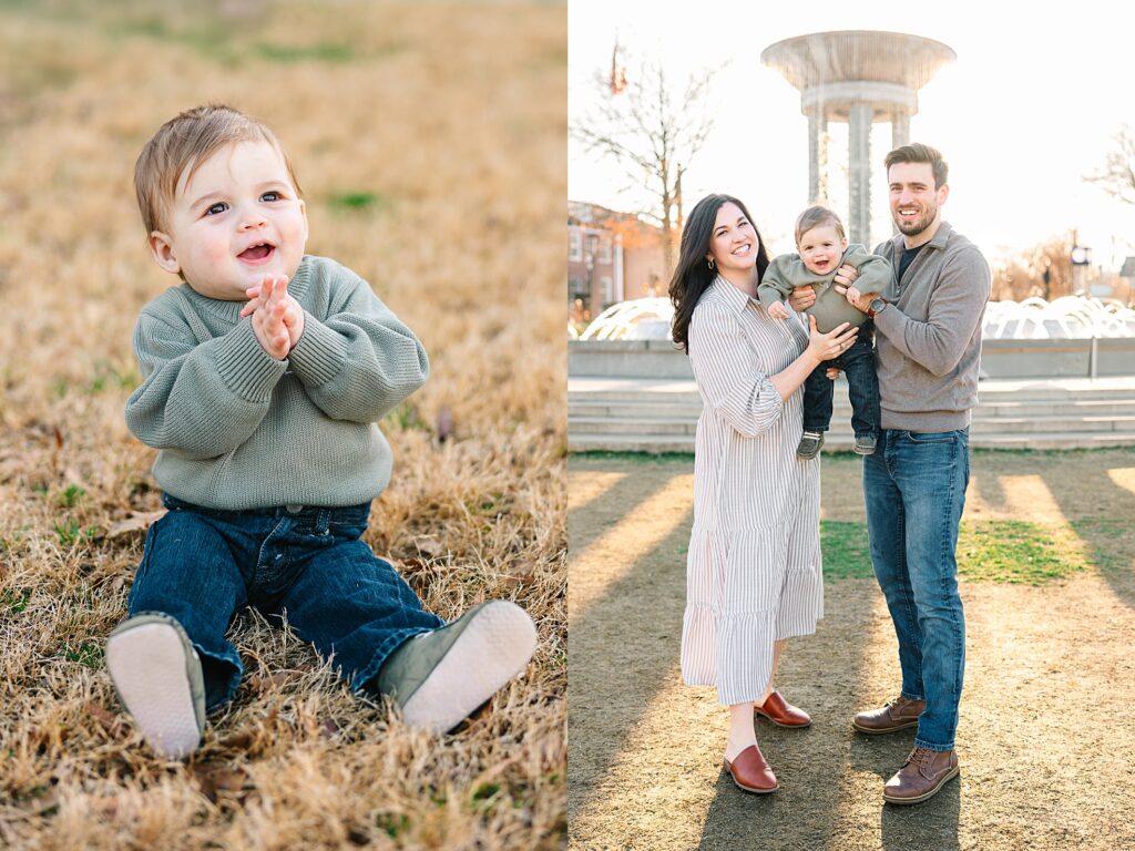 A baby boy during his sitter session smiling with his parents taken by Raleigh photographer Tierney Riggs