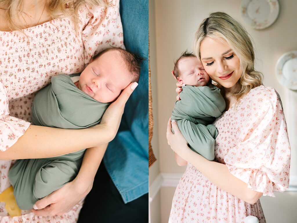 A mom snuggling her baby in the newborn stage captured by Raleigh photographer Tierney Riggs