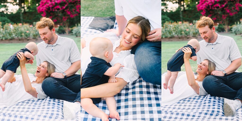 A family playing with their 6 month old boy for his photo session at the sitter state at the Raleigh Rose Garden