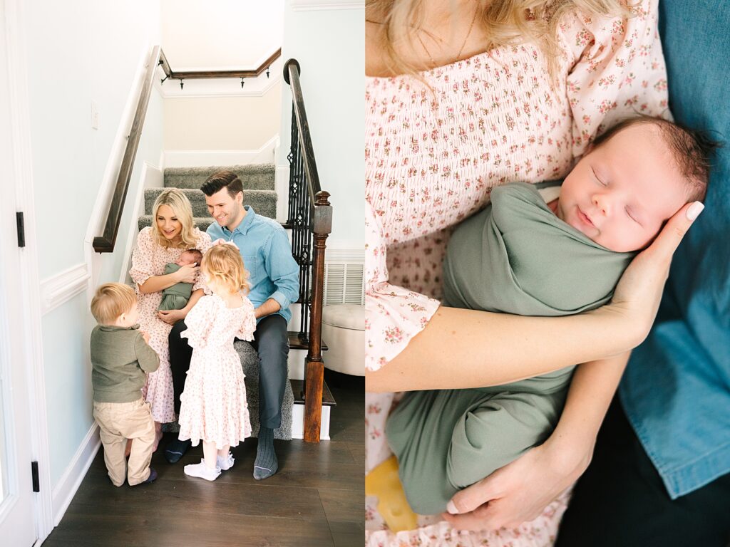 A family welcoming a newborn baby during their photo session in apex, NC