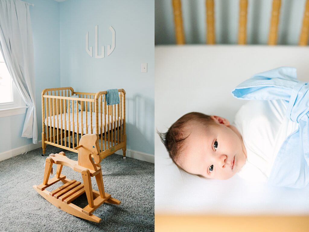 A baby in his timeless, grandmillenial nursery in Apex, NC