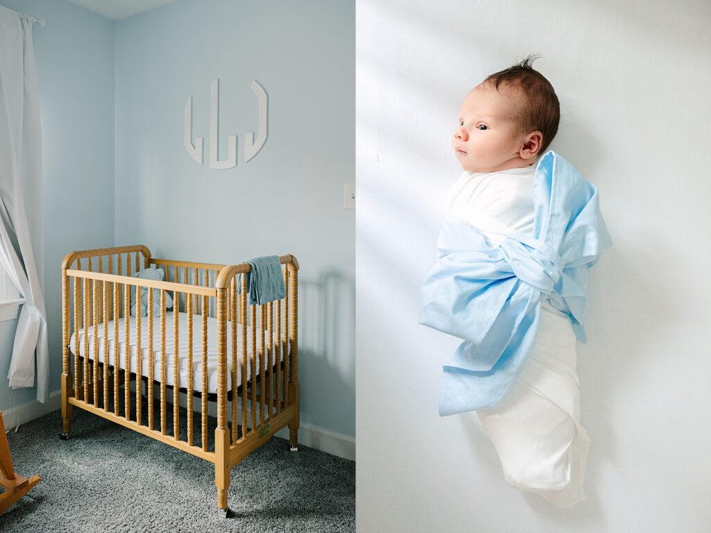 A baby in his timeless, grandmillenial nursery in Apex, NC