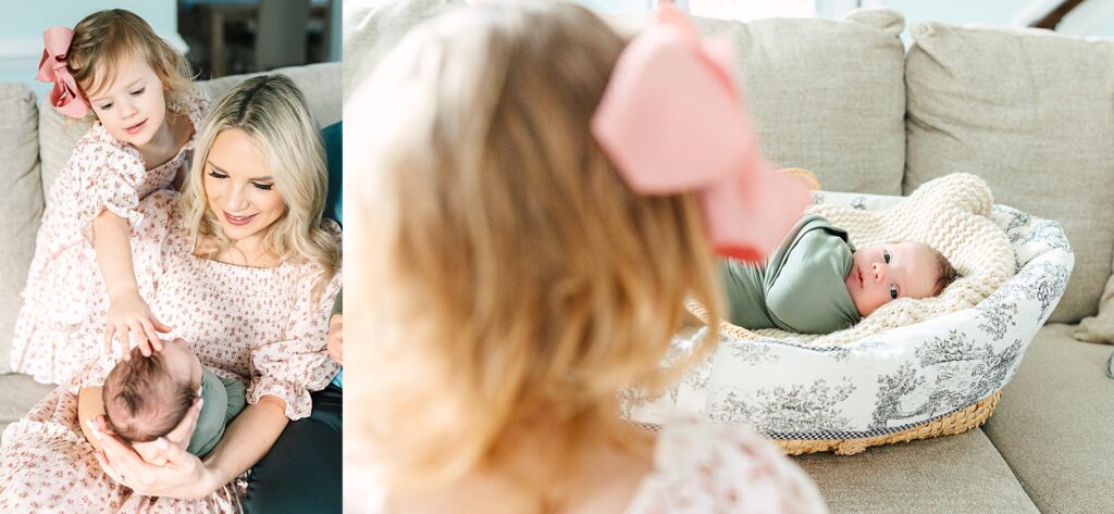 A big sister admiring her baby brother during their newborn phots at their home in Apex, NC