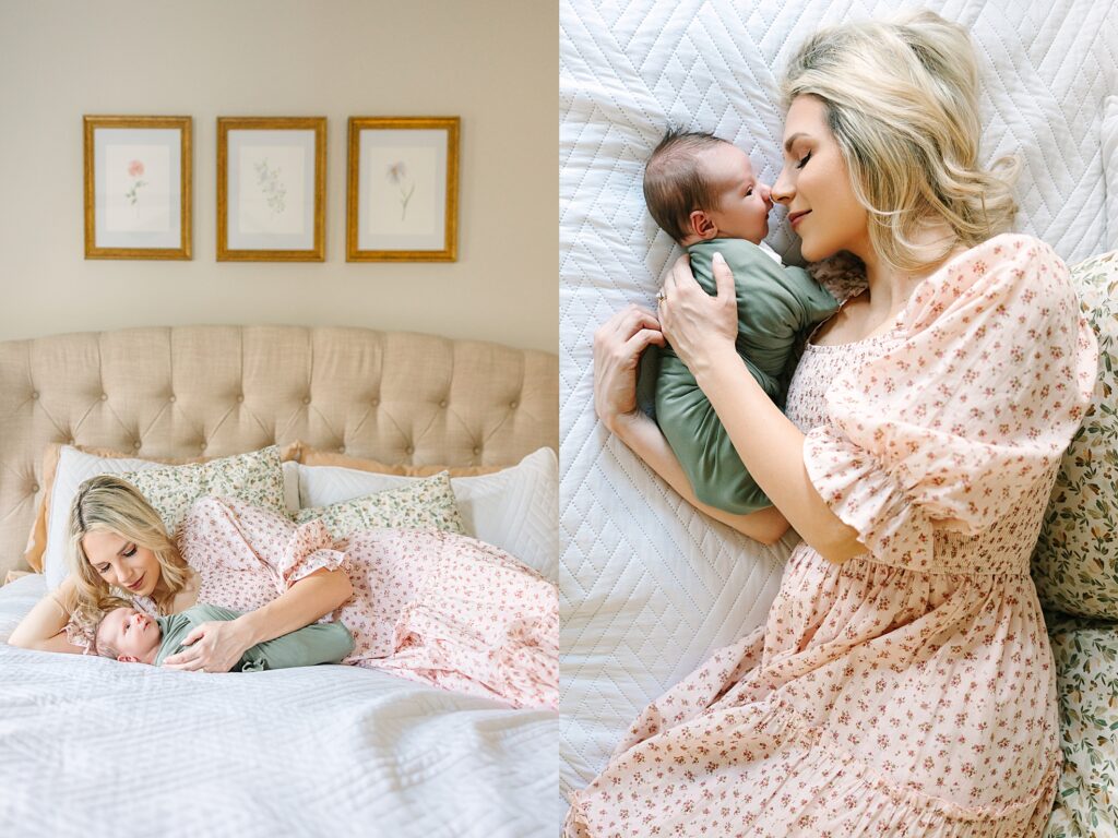 A mom snuggling her baby during their newborn phots at their home in Apex, NC