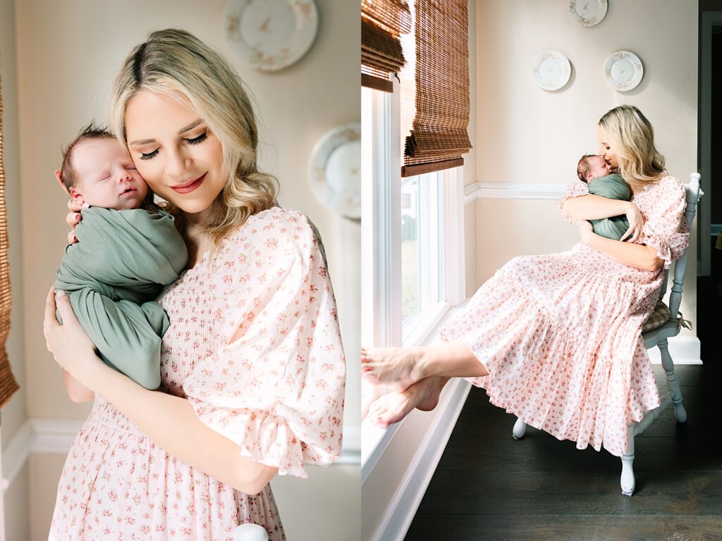 A mom snuggling her baby during their newborn phots at their home in Apex, NC