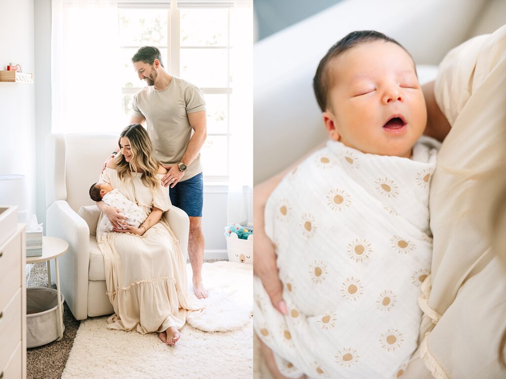 A couple in their home in Cary, NC taking photos with their newborn baby