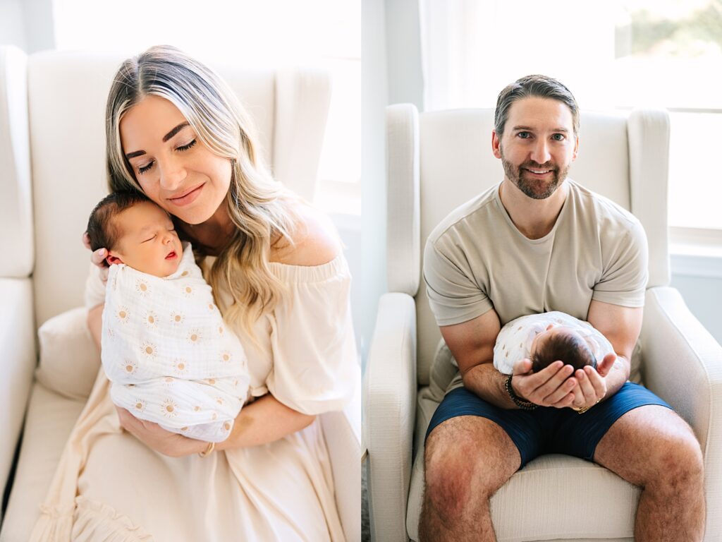 A couple in their home in Cary, NC taking photos with their newborn baby