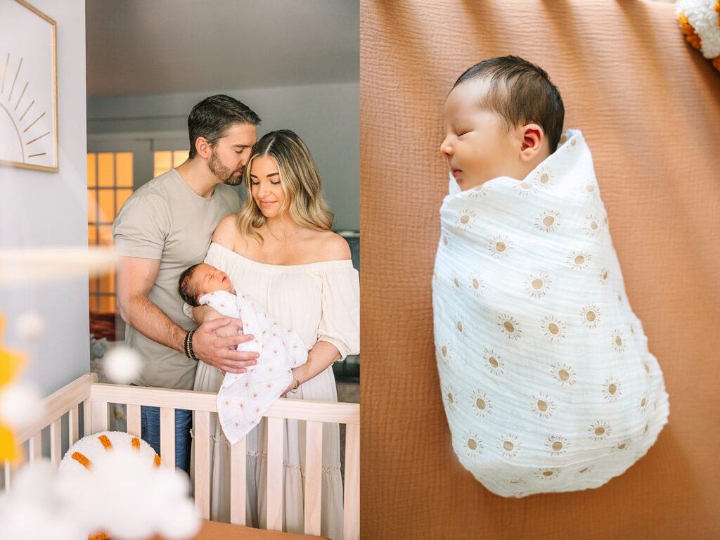 A couple in their home in Cary, NC taking photos with their newborn baby