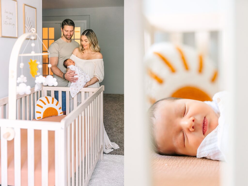 A couple in their home in Cary, NC taking photos with their newborn baby